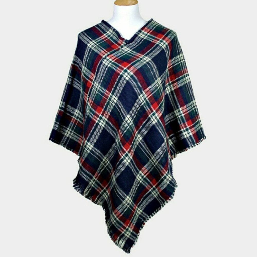 Plaid pattern V-neck poncho